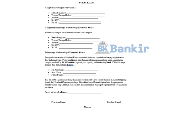Contoh Surat Kuasa Ambil Uang di Bank BNI